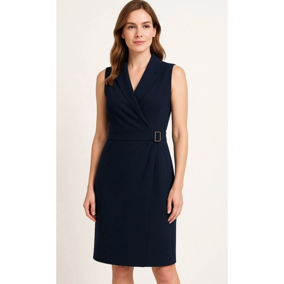 Tommy Hilfiger Woman's Faux Wrap Collared Sleeveless Buckle Dress in Navy 2 $119 - Picture 1 of 4